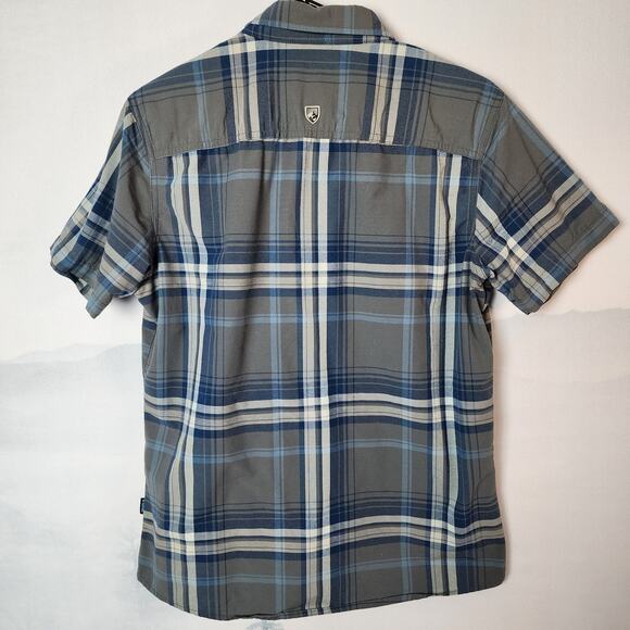 Kuhl Blue and Gray Plaid Short Sleeve Button Up Collared Shirt | Men's Small - Picture 7 of 13